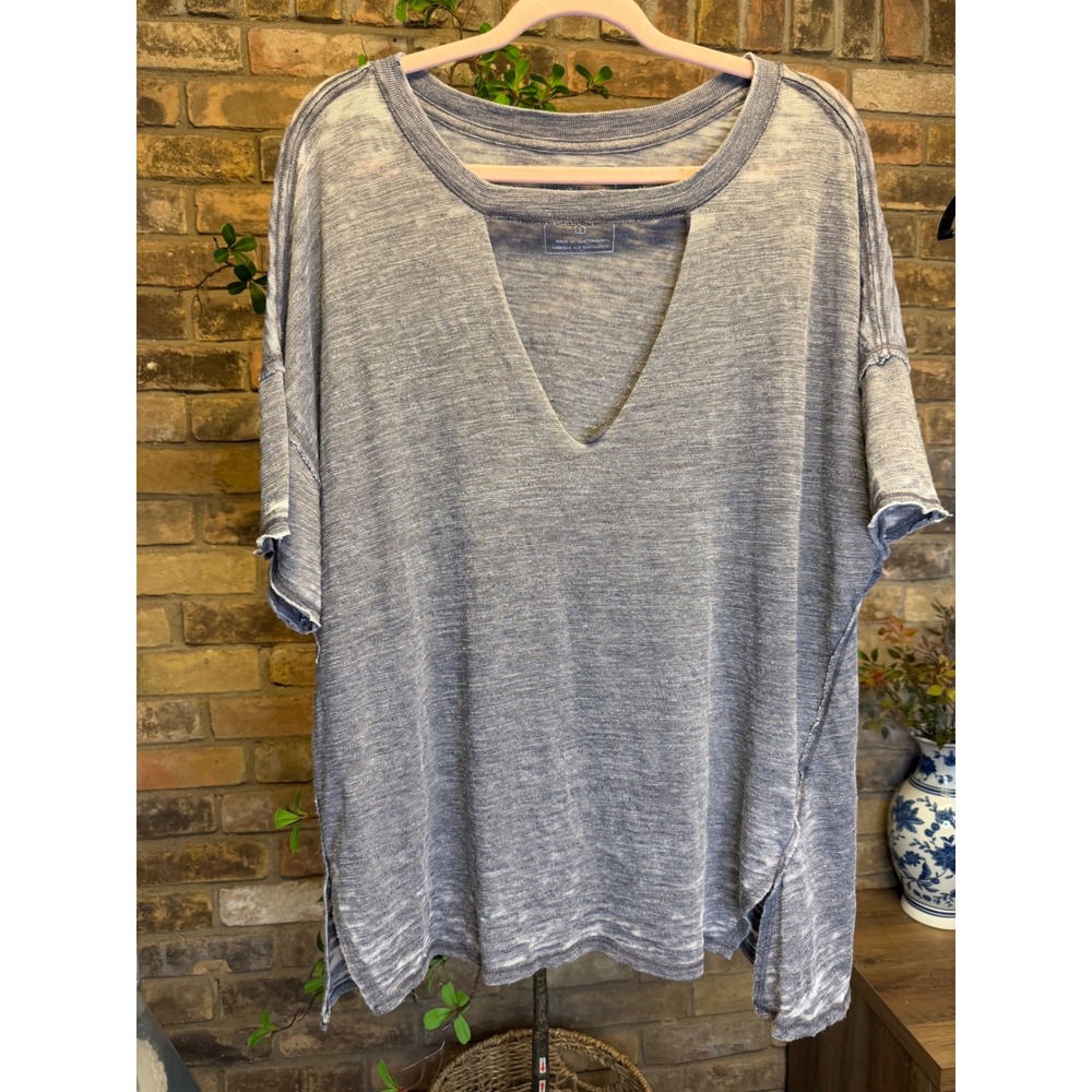SOLD The Free Free People Blue Burnout V-Neck Cutout Oversized Tee Shirt Small